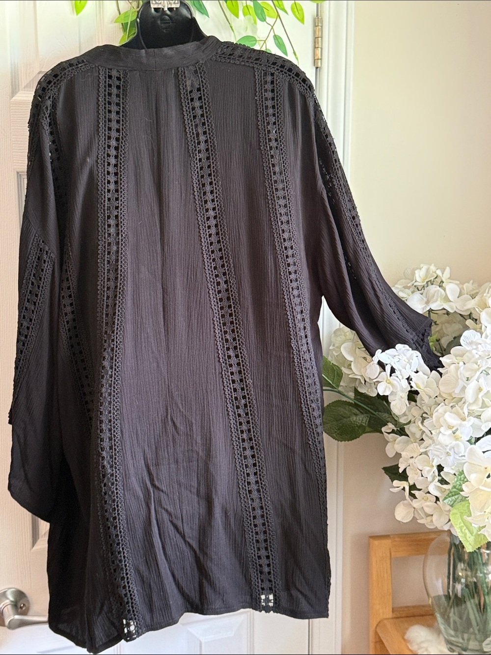 Deep Black Open-Front Gauze Lace Kimono Blazer Cardigan - Picture 5 of 7